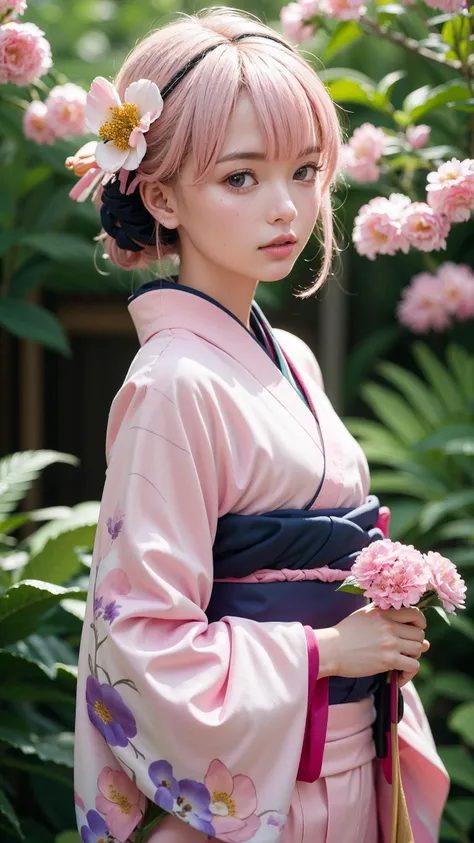 photorealistic, from above , (close-up:1.4), cowboy shot, from side, 1 petite skinny girl, medium hair, (pink hair), (flat chest:1.2) , (high detailed skin, skin details:1.3), realistic, (pink kimono:1.8), ( holding flowers:1.8), solo, looking at viewer,
T...