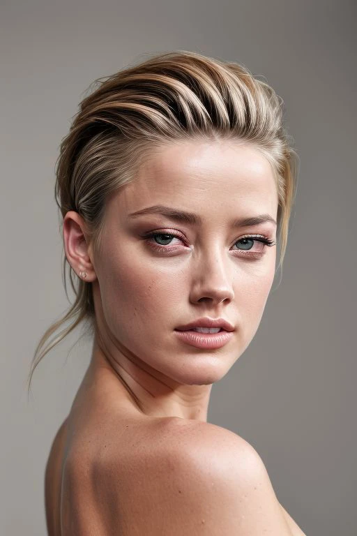 (CR-AmberHeard-SDKoh:0.85), full color portrait of woman, (oiled shiny skin:1.0), face close up, (slick undercut hair:1.2), nude, naked,
masterpiece, best quality, sharp focus, highres 8k uhd, ultra-detailed, rim light, deep grey background,