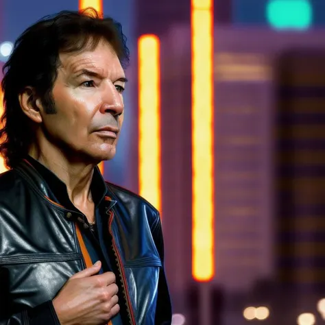 arafed man in a leather jacket standing in front of a city