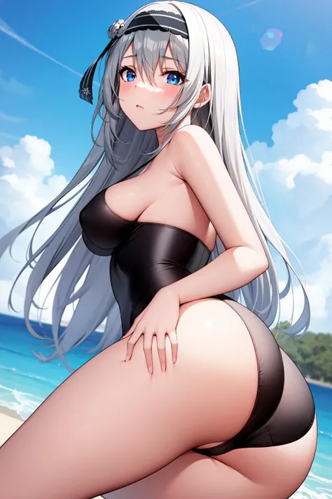 masterpiece, best quality, 1girl, solo, <lora:shirogane_kei_v10:0.7>, shirogane kei, blue eyes, long hair, bangs, grey hair, black hairband, hair between eyes, medium breasts, ass