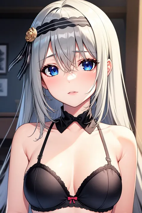 masterpiece, best quality, 1girl, solo, <lora:shirogane_kei_v10:0.6>, shirogane kei, blue eyes, long hair, bangs, grey hair, black hairband, hair between eyes, medium breasts, lingerie