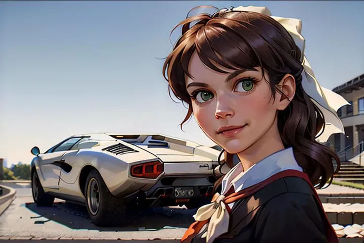 anime girl with a car in the background