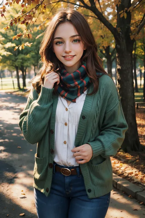 <lora:PB:.7>, ginger hair, green eyes, pale skin, curvy, wearing casual clothing, cardigan, scarf, pants, looking at viewer, happy, smiling, blush, medium shot, 
outside, on small hill, trees, autumn, overcast, cold, extreme detail, hdr, analog,