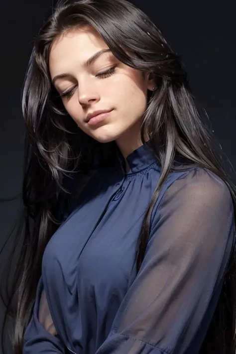 a close up of a woman with long hair wearing a blue shirt