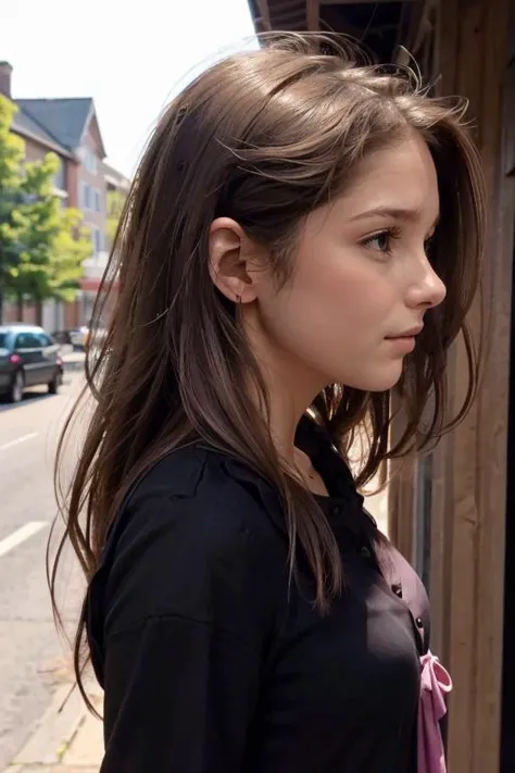 arafed girl with long hair standing on the sidewalk looking at a window