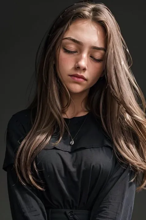 <lora:Fiona:.7>, simple background, dark background, upper body, at front, portrait, <lora:GoodHands-vanilla:0.8> better_oppai,  Melon blouse, long hair
Closed eyes and a furrowed brow, the faint crease between the brows reflecting deep contemplation and i...