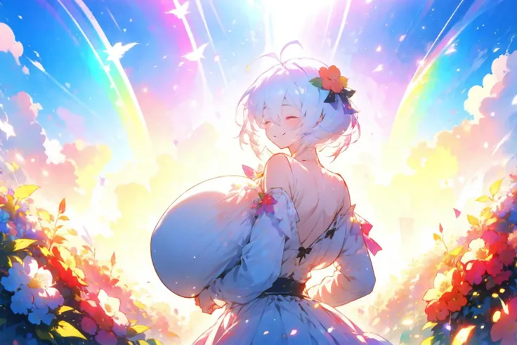 ((masterpiece)),  best quality, highres, detailed_face, 1girl, solo, illustration, from_behind, facing_away, back_turned, back, upper_body, short_hair, (smile, white hair, hair_over_eyes, covered_eyes,  white_dress, rainbow_hair, ahoge:1.3), wide_hips, hug...