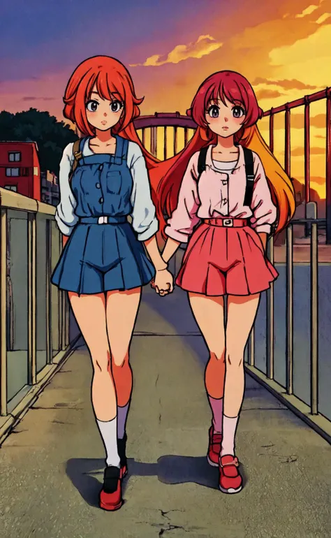 masterpiece,best quality,in the style of <lora:Manga_ShiwasuNoOkina:0.8>, cartoon, anime, 2girls, walking, holding hands, hangar, heart, full body, sunset, on a bridge, colored hair