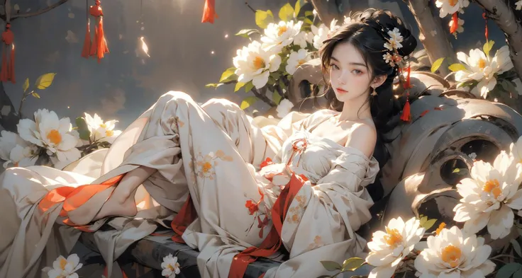 <lora:æé¹¤-å½é£-ä¸çº¸éè¡£_v1.5:0.7>,1girl,solo,flower,hanfu,water,bare shoulders,black hair,chinese clothes,off shoulder,dress,long sleeves,hair ornament,branch,single hair bun,white flower,leaf,red lips,jewelry,(complex background),(gorgeous costum...