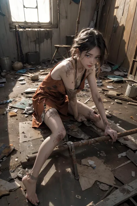 arafed woman kneeling on the floor in a dirty room