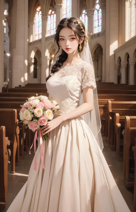 original,(masterpiece),(illustration),(extremely fine and beautiful),perfect detailed,photorealistic,(beautiful and clear background:1.25),(depth of field:0.7),
style of Paolo Roversi,
thicc girl,lace,bow,ribbon,hair bow,((single braid)),Church,pink,cute,g...