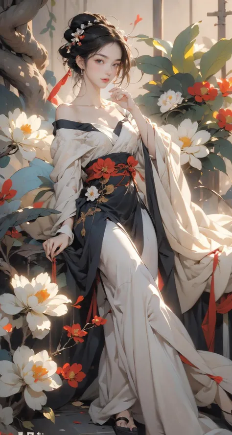 <lora:æé¹¤-å½é£-ä¸çº¸éè¡£_v1.5:0.7>,1girl,solo,flower,hanfu,water,bare shoulders,black hair,chinese clothes,off shoulder,dress,long sleeves,hair ornament,branch,single hair bun,white flower,leaf,red lips,jewelry,(complex background),(gorgeous costum...