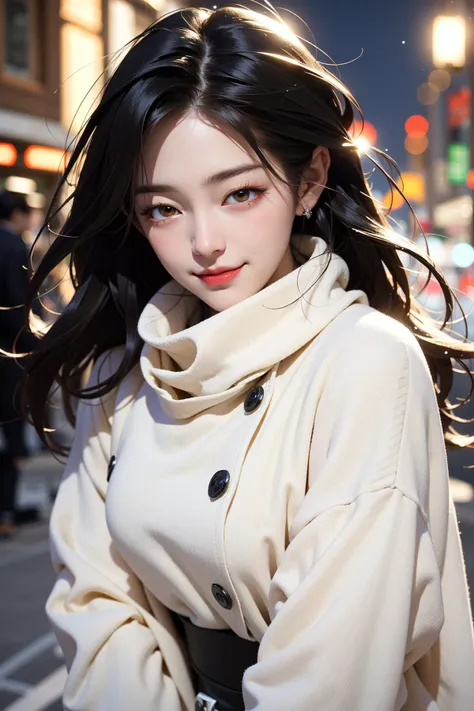 masterpiece, best quality, 1girl, shiny skin, cinematic lighting, medium breasts, looking at viewer, messy hair, blonde hair, yellow eyes, solo, autumn, outdoors, smile, (a pale flush, alive skin),  winter, ribbed, walking, city, shopping,  close up, ultra...