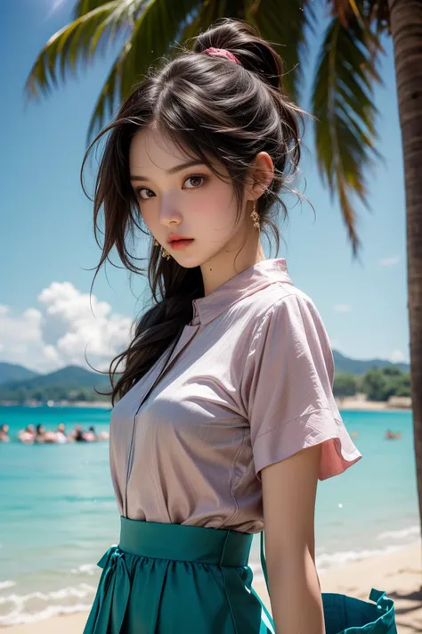 a woman standing on a beach next to a palm tree