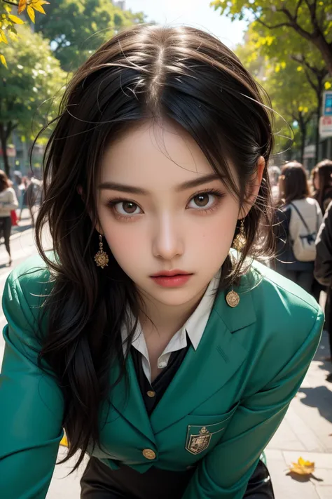 a close up of a woman in a green jacket and tie