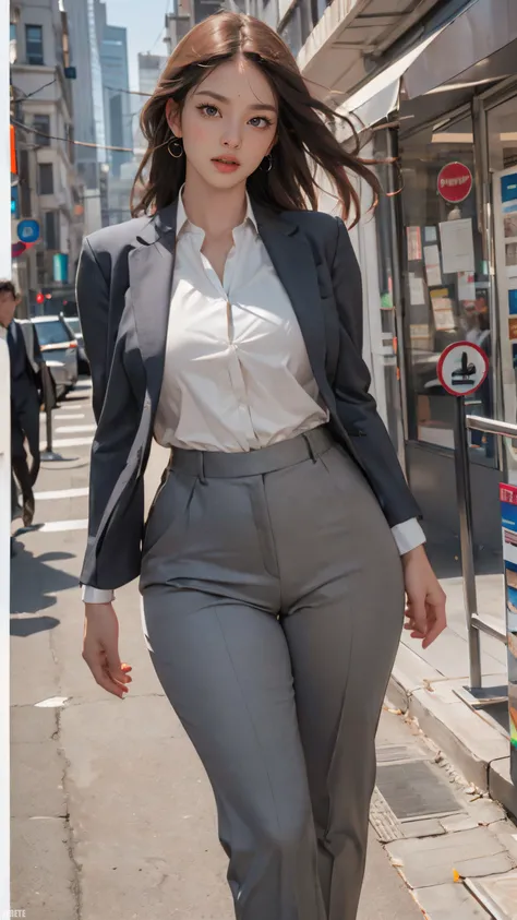 blowout,((:o face)),auburn hair, silver eyes, large_pupil, (pale_Face:1.1),
large_breast, wide_hip, thick_thigh, slender, shiny_and_glossy_skin,
(full_body:1.2),
outdoor,  everest,
formal_office_suit, pants, blazers, pumps, tie,
 beautiful, high quality, d...