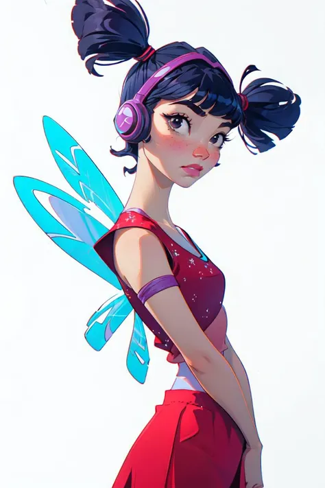 (Musa), (short twin tails, bangs, black hair, black eyes), (fairyoutfit), (red dress, red skirt, simple blue fairy wings, purple headphones, sparkling clothing), (white background, solid white background:1.2), (realistic:1.2), (masterpiece:1.2), (full-body...