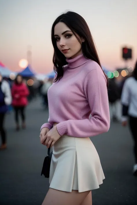 a woman in a pink sweater and white skirt standing in a parking lot