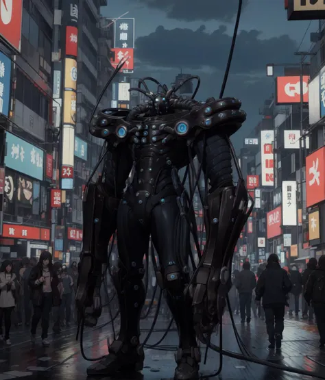 there is a robot standing in the middle of a city street