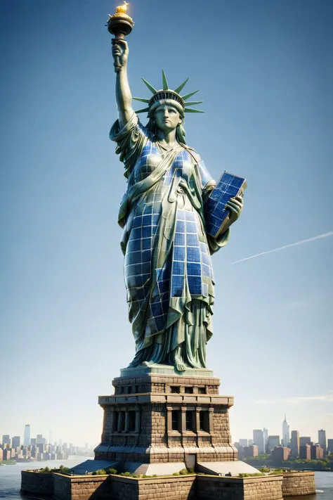 statue of liberty with solar panels on its head