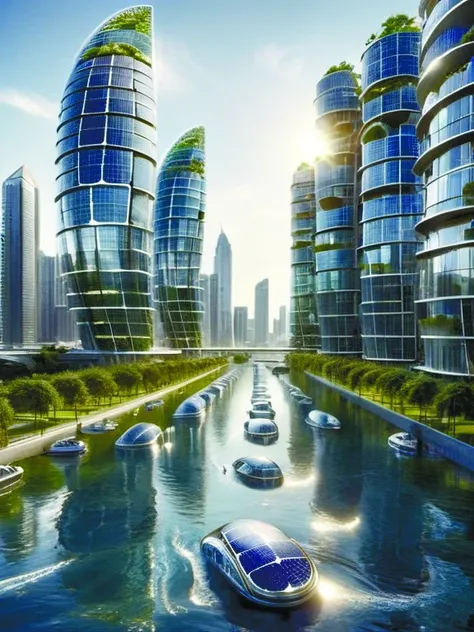 futuristic city with a river and boats in the middle of it