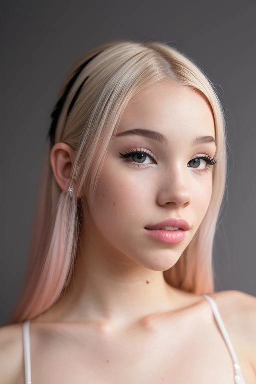 a close up of a woman with pink hair and a white top