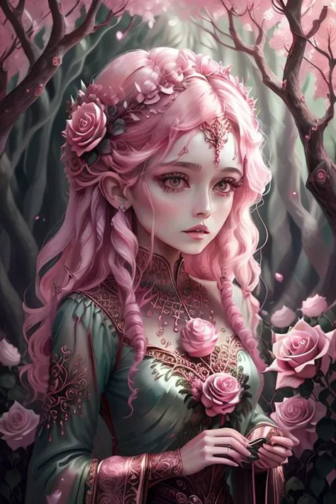 woman in a mythical forest, masterpiece, perfect face, intricate details, horror theme <lora:RoseQuarzAI_style:1> rosequartzai, rose, gems