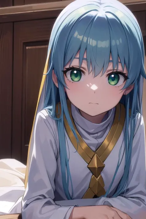 index, <lora:index-lora-nochekaiser:1>,
index, (green eyes:1.5), blue hair, long hair, (flat chest:1.2),
BREAK habit, long sleeves, nun, robe, white robe, wide sleeves,
BREAK looking at viewer,
BREAK indoors, church,
BREAK <lyco:GoodHands-beta2:1>, (master...