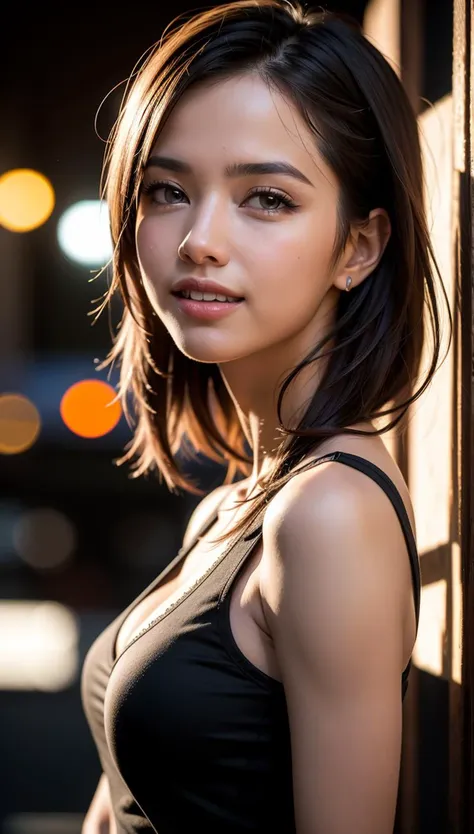 a woman in a black top standing next to a wall