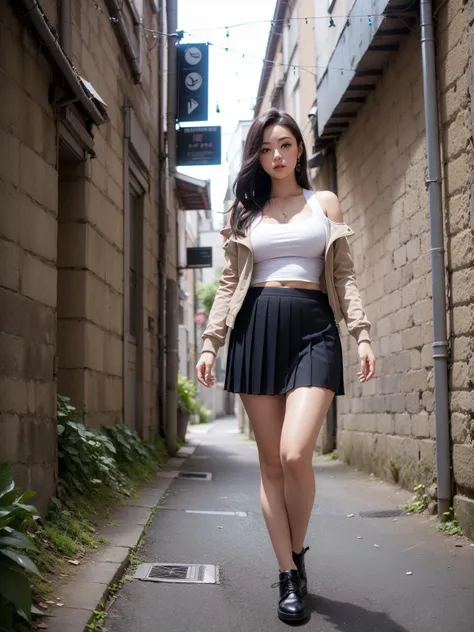 araffe woman walking down a narrow alley way in a skirt