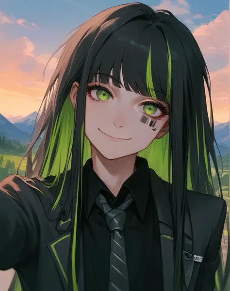 anime girl with green hair and black suit and tie