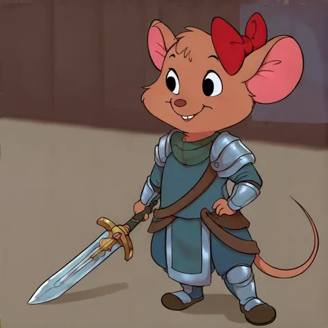 cartoon mouse with sword in hand and a red hat on