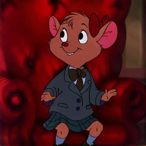 a close up of a cartoon mouse in a suit on a red chair