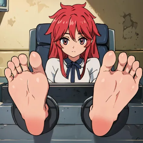 anime girl with red hair sitting in a chair with her hands on her knees