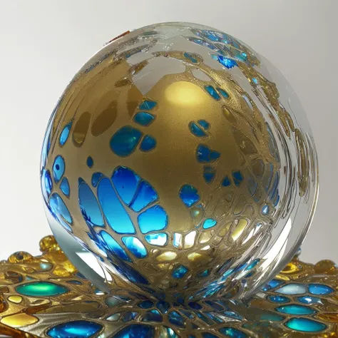 there is a glass ball with a gold and blue design on it