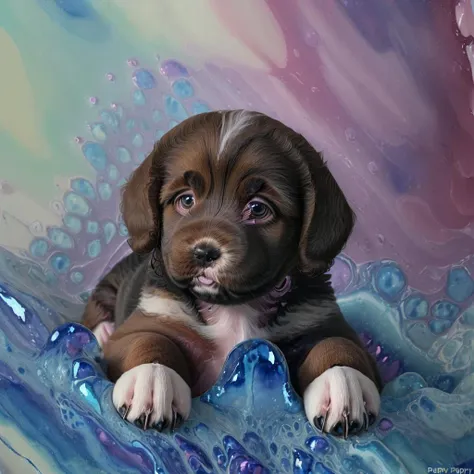 puppy sitting on a blue and purple background with bubbles