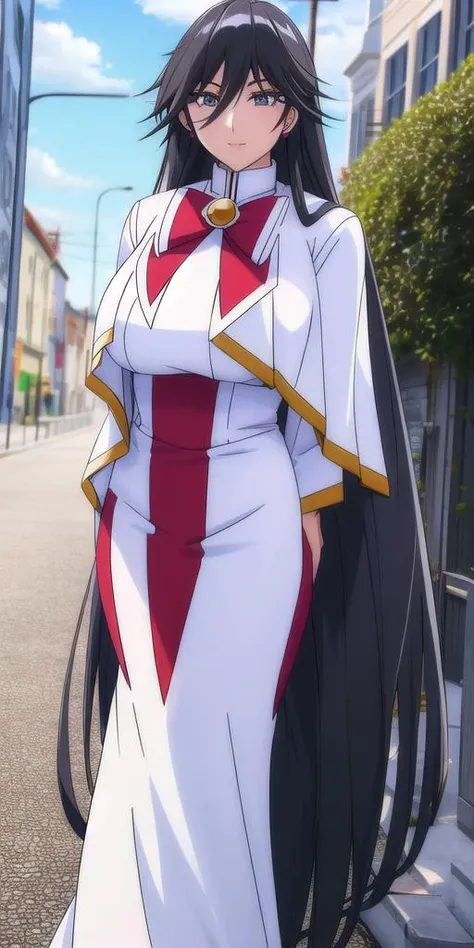 a woman in a white and red dress standing on a street