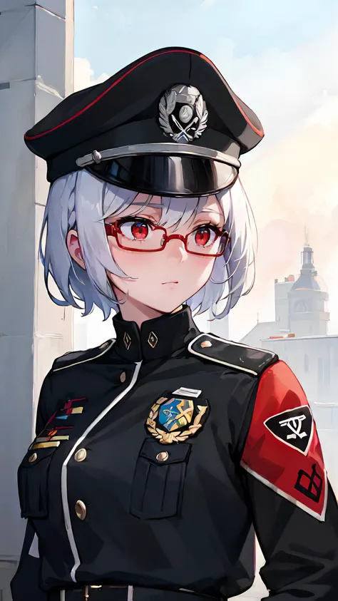 masterpiece, best quality, girl face, red eyes, glasses