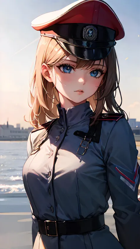 anime girl in uniform standing on beach with city in background