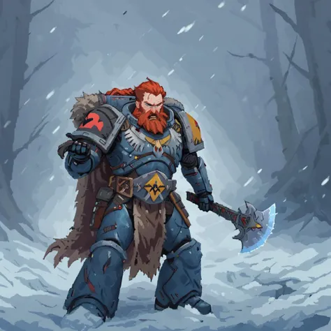 spcwlf men, power armor, fur cloak, red hair, beard, braids, mighty, gripping a power axe which glows with blue energy along the cutting edge, tartan sash,   snow, ice, blizzard, battlefield, glory, charge,