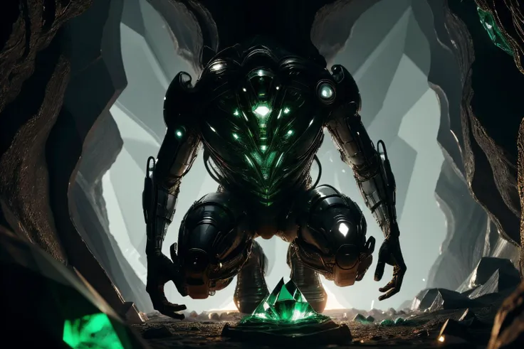 a close up of a robot in a cave with green lights