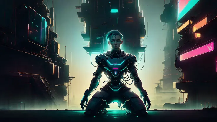 an awarded photo of 1 man cyborg , alabaster metalic white skin with big green eyes with mechanic iris and reed scars on face and torso, bare torso and neon blue cyber hairstyle, scene in Cyberpunk skyscraper roof with big antena and small cyber display, h...