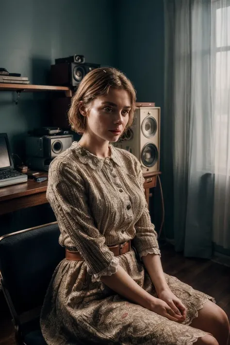 a Soviet girl sitting in a chair in front of a soviet computer in the communal apartment, crying, 8K, ultra realistic, details anatomy, cinematic lighting, photographic, Eastman Kodak Color Negative film 5251 50T shot on panavision super ps . no arms <lora...