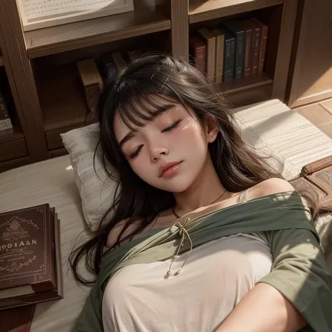 masterpiece, best quality, glamour long shot from above of an Asian girl (nodding:1.6), (passed out:1.5) in a library full of books, 1girl, ultra detailed, absurdres, sharp focus, hdr. Mountains of books around.