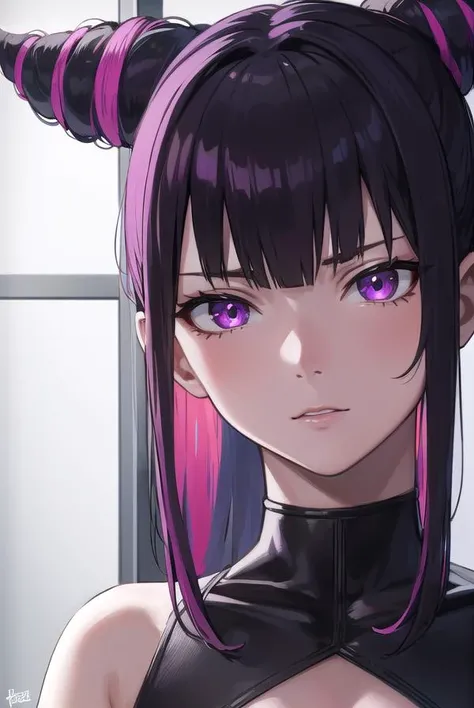 jurihan, <lyco:jurihan-lyco-nochekaiser:1>,
juri han, asymmetrical hair, black hair, (diagonal bangs:1.5), hair horns, medium hair, multicolored hair, (purple eyes:1.1), pink hair, two-tone hair,
BREAK black collar, chinese clothes, collar, crop top, navel...