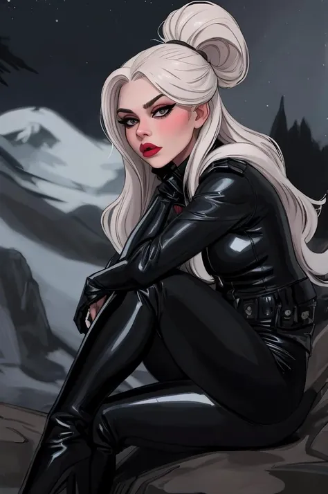 a woman in black cat suit sitting on a rock