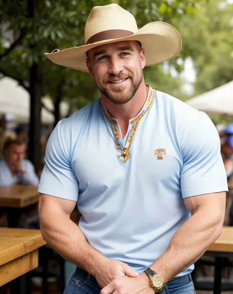 upper body, half body shot, raw photo, tkelceSD15, wearing traditional argentinian gaucho kansas_city_chiefs clothing and hat, at an outdoor cafe in buenos aires, blurred background, depth of field, 50mm, 4k textures, 1boy, highly detailed skin, sharp focu...