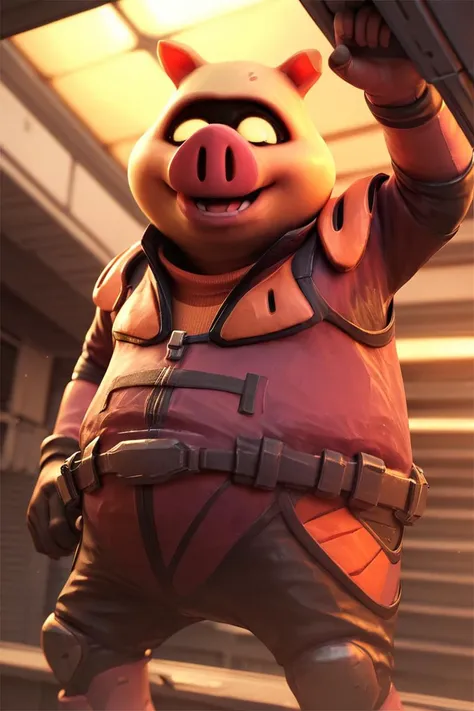 a close up of a pig in a costume holding a gun