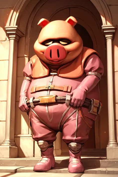 a close up of a pig in a pink outfit standing in front of a building