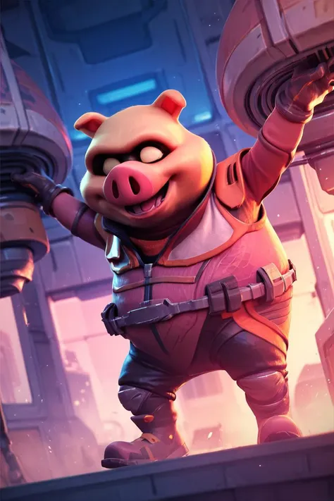 a pig in a space suit is standing on a ledge